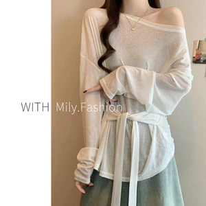 Milyfashion Loose Size Lớn Dài Tay Chống Nắng T Mỏng Mùa Hè Cổ Tròn Dây Buộc Nẹp @