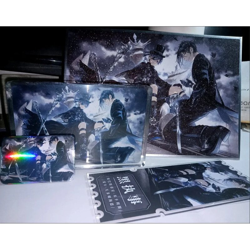 Black Butler Ciel & Sebastian Merch Set – Bộ sưu tập nghệ thuật và Acrylic 4 mảnh (Gạch, Vé, Bảng Shikishi, Huy hiệu)