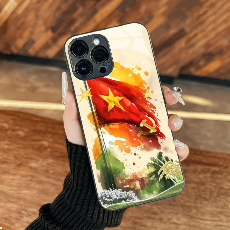 Ốp điện thoại kính màu vàng lá cờ Việt Nam Uncle Ho cho iPhone 16 17.35 14 13 12 11 8 7 6 6s 6p 7p 8p 6g 7g 8g Pro Max XR XS xsmax