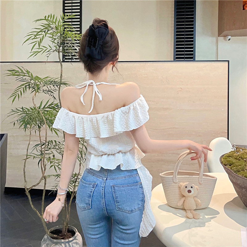 Áo 2 dây croptop Mùa Hè Gợi Cảm Ngoài Vai Xù Cổ Dây Top Skinny Ôm Hơn Nhìn Thường Ngày Sling Ba Chiều