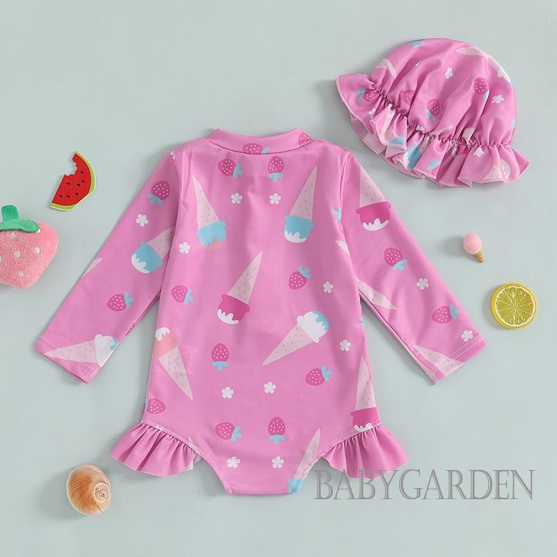 / / -3 tuổi Bộ áo liền quần bảo vệ phát ban cho bé gái có mũ dài tay hoa / dâu tây / dưa hấu / bộ đồ tắm in kem