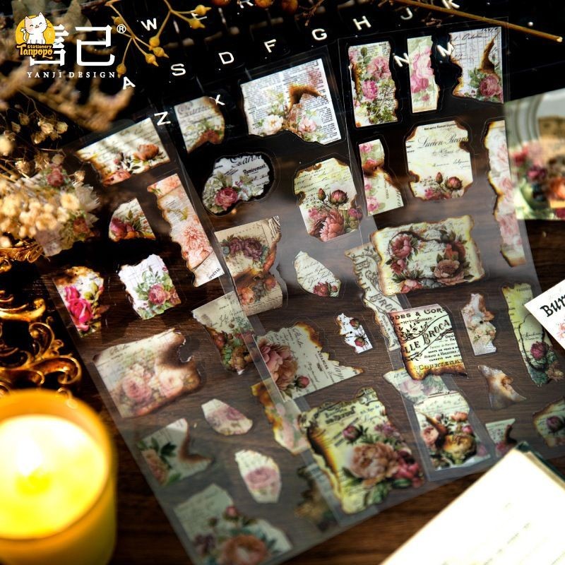 Set 3 tấm sticker trong suốt GIẤY CHÁY XÉN CỔ ĐIỂN THƯ CŨ HOÀI NIỆM ...