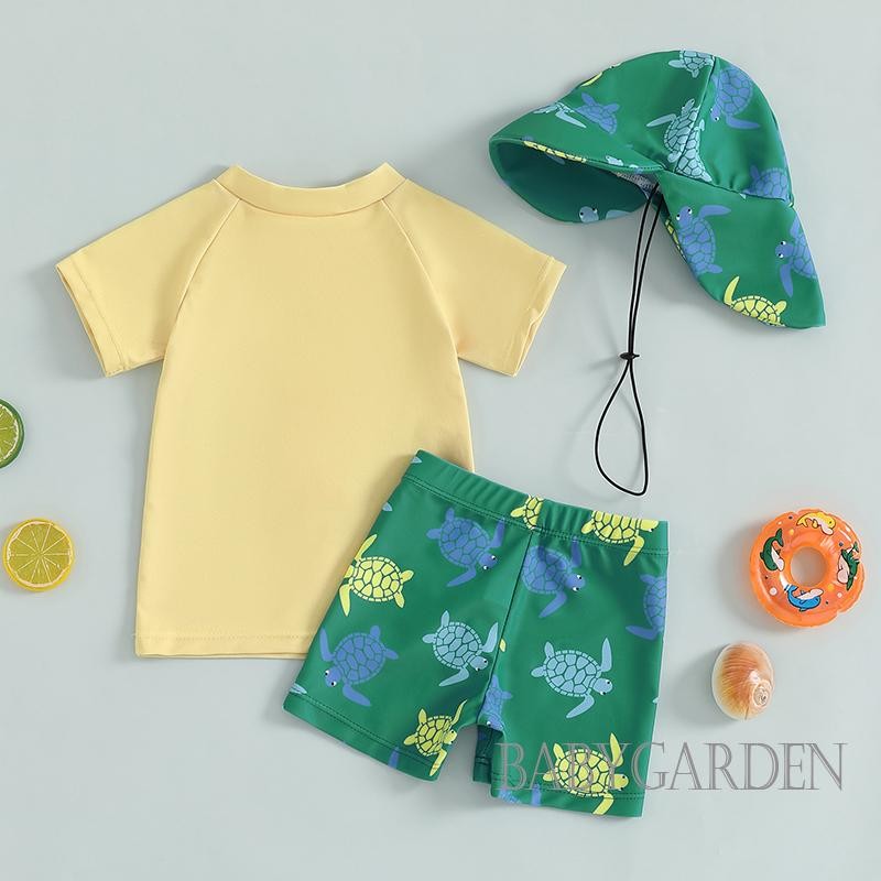 / / -3 Tuổi Bé Trai Rash Guard Bộ Đồ Bơi 3 Mảnh Áo Tay Ngắn Áo Rùa In Quần Bơi Mũ Bơi Bộ Đồ Tắm