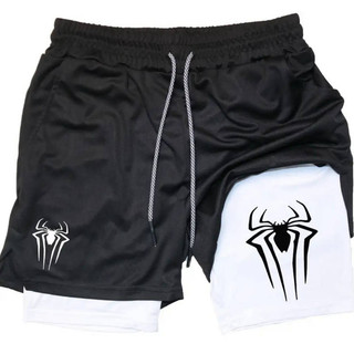 European and American Dark Style Spider Print Adult Double-Layer Pants Loose Fashion Sports Fitness Casual Shorts CdDf