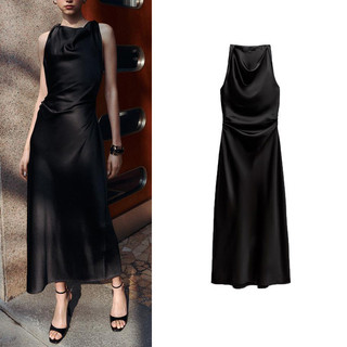 đầm Zara made in Morocco midi lụa Satin cổ yếm dáng dài quyến rũ