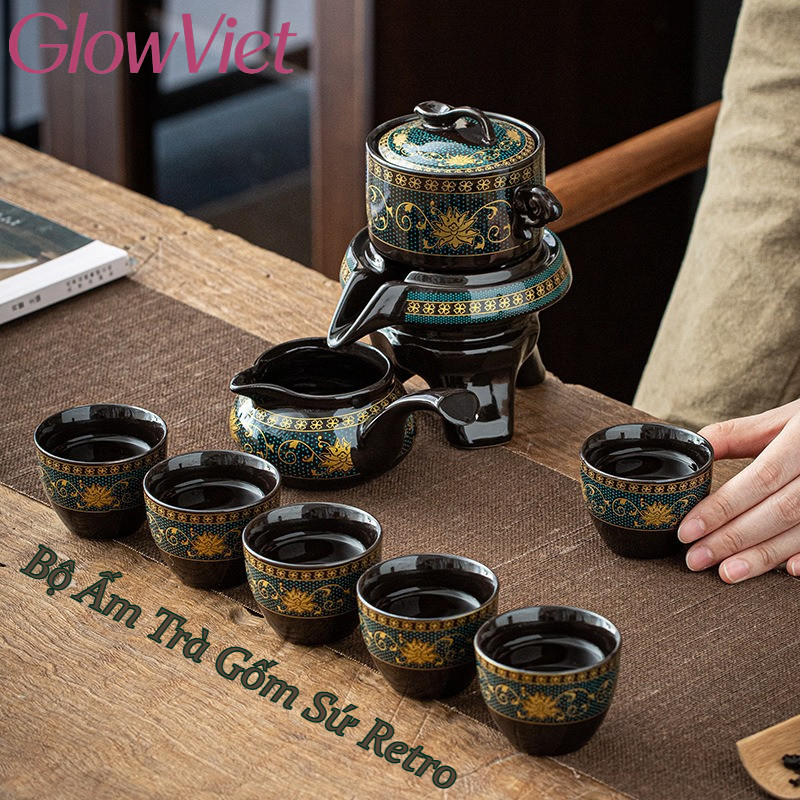 Bộ Ấm Trà Gốm Sứ Retro, Trọn Bộ Kung Fu & Trà Lười, Thiết Kế Sang Trọng,  Dành Cho Trà Đạo