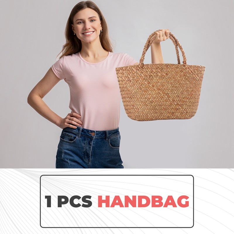Túi rơm đan thủ công Mini, túi xách nữ bện tự nhiên, túi Tote mây dệt cho sân vườn
