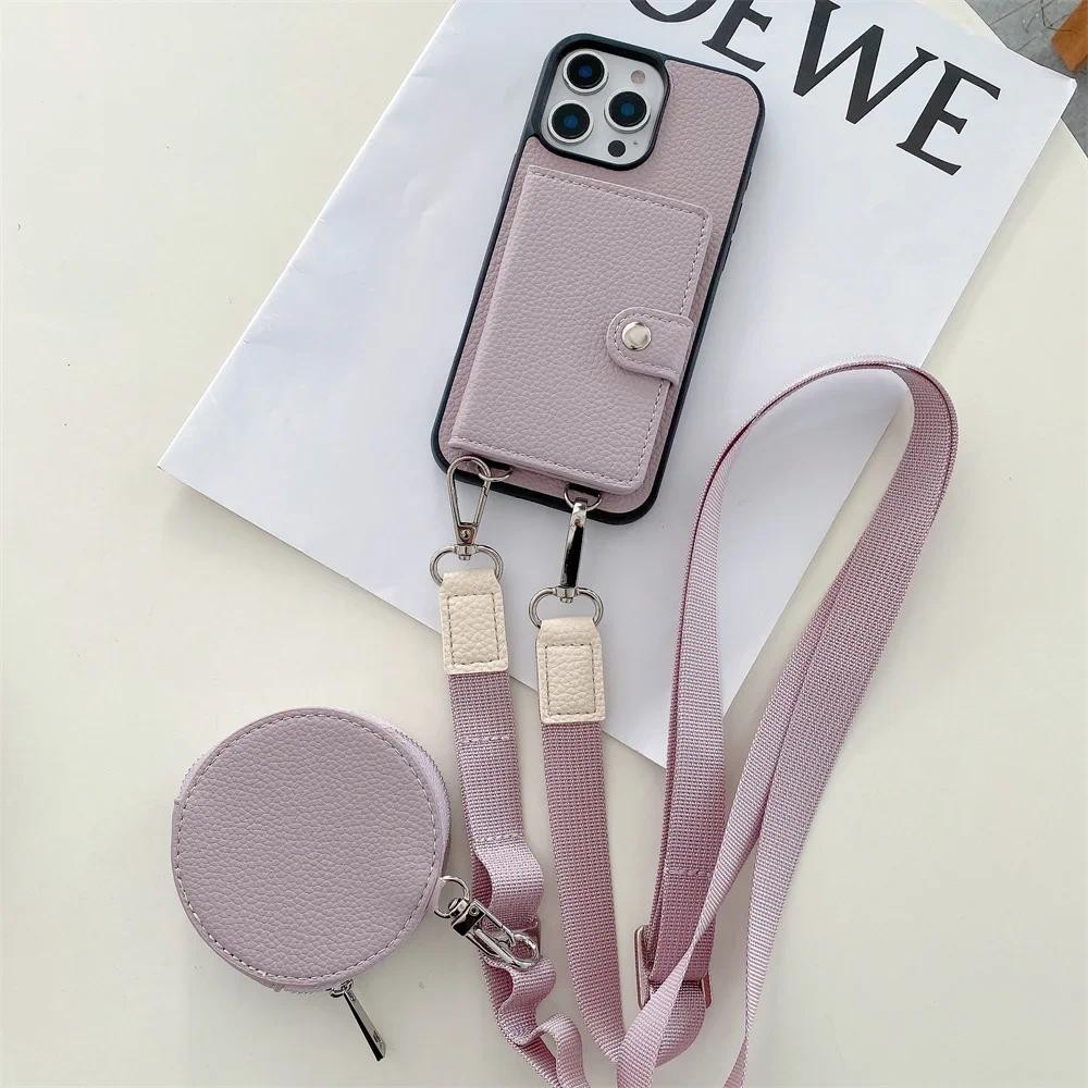 Ví Đeo Ngang Khe Cắm Thẻ Ví Đựng Tiền Xu Cho IPhone 16 15 Plus 14 13 12 11 7 8 Pro Max Da Dây Bảo Vệ Vỏ Điện Thoại