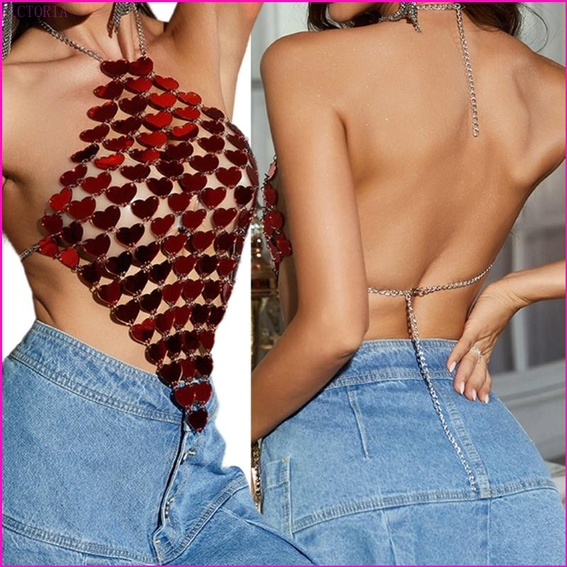 Vic Nữ Lấp Lánh Hình Trái Tim Kim Sa Lấp Lánh Bikini Cơ Thể Trang Sức Dây Lưng Cơ Thể Dây Xích Camisole Crop Top Đảng Clubwear