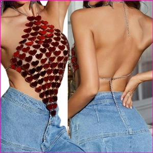 Vic Nữ Lấp Lánh Hình Trái Tim Kim Sa Lấp Lánh Bikini Cơ Thể Trang Sức Dây Lưng Cơ Thể Dây Xích Camisole Crop Top Đảng Clubwear