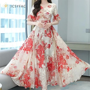 Jcsyfac 2022 Thanh Lịch Nữ Plus Kích Thước Boho Đi Biển Đầm Maxi Hoa Voan Midi Sundress Mới