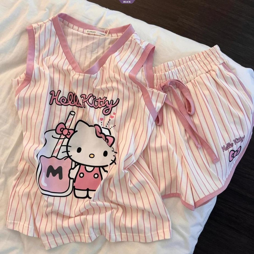 Bộ Đồ Ngủ Hellokitty Dễ Thương Không Tay Nữ Mùa Hè 2025 Quần Short Sọc Thường Ngày Mới Homewear [BL]
