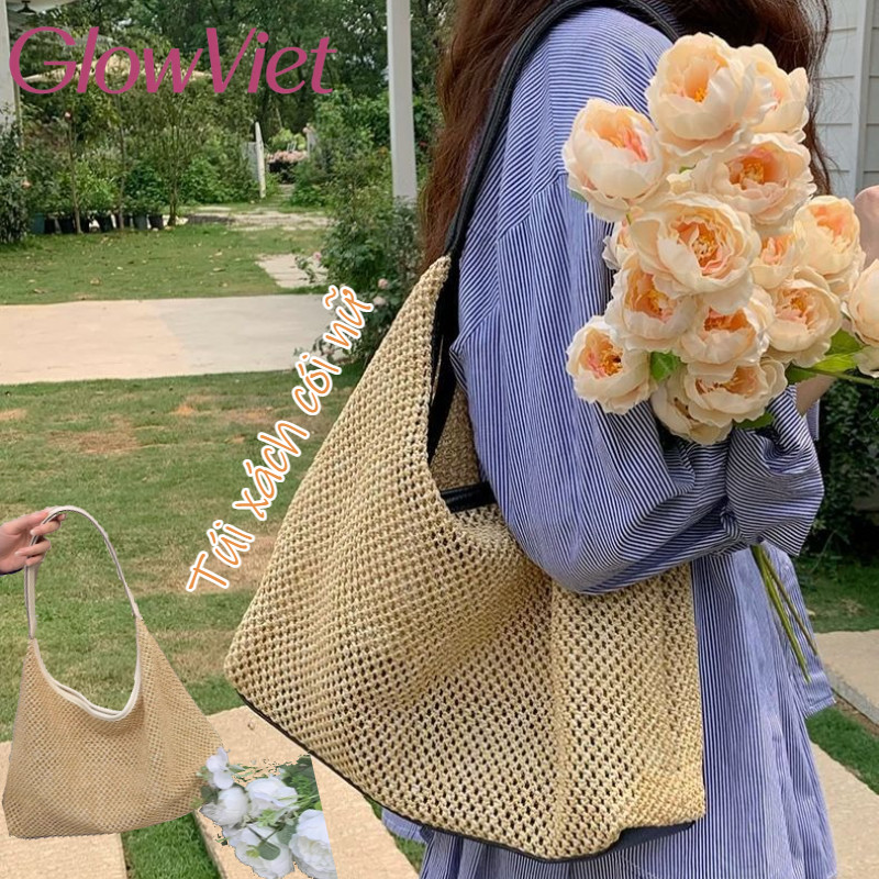 Túi xách cói nữ, Sức Chứa Lớn, Phong Cách Vintage Sang Chảnh,  Quai Da Đơn Giản, Nhẹ Nhàng Cho Nữ