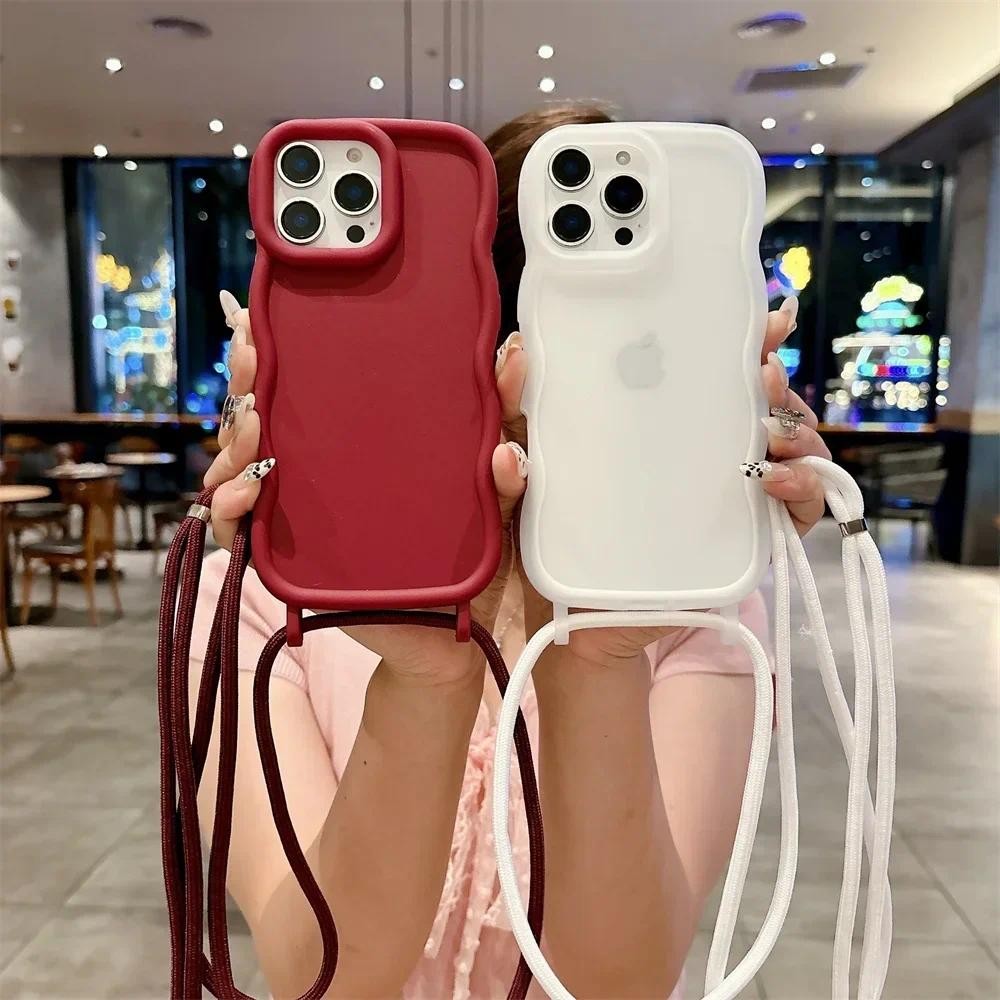 Dây đeo vòng cổ có thể điều chỉnh Dây đeo chéo Vỏ điện thoại cho iPhone 16 Pro Max 15Pro 14Pro 13 Khung sóng Vỏ silicon mềm