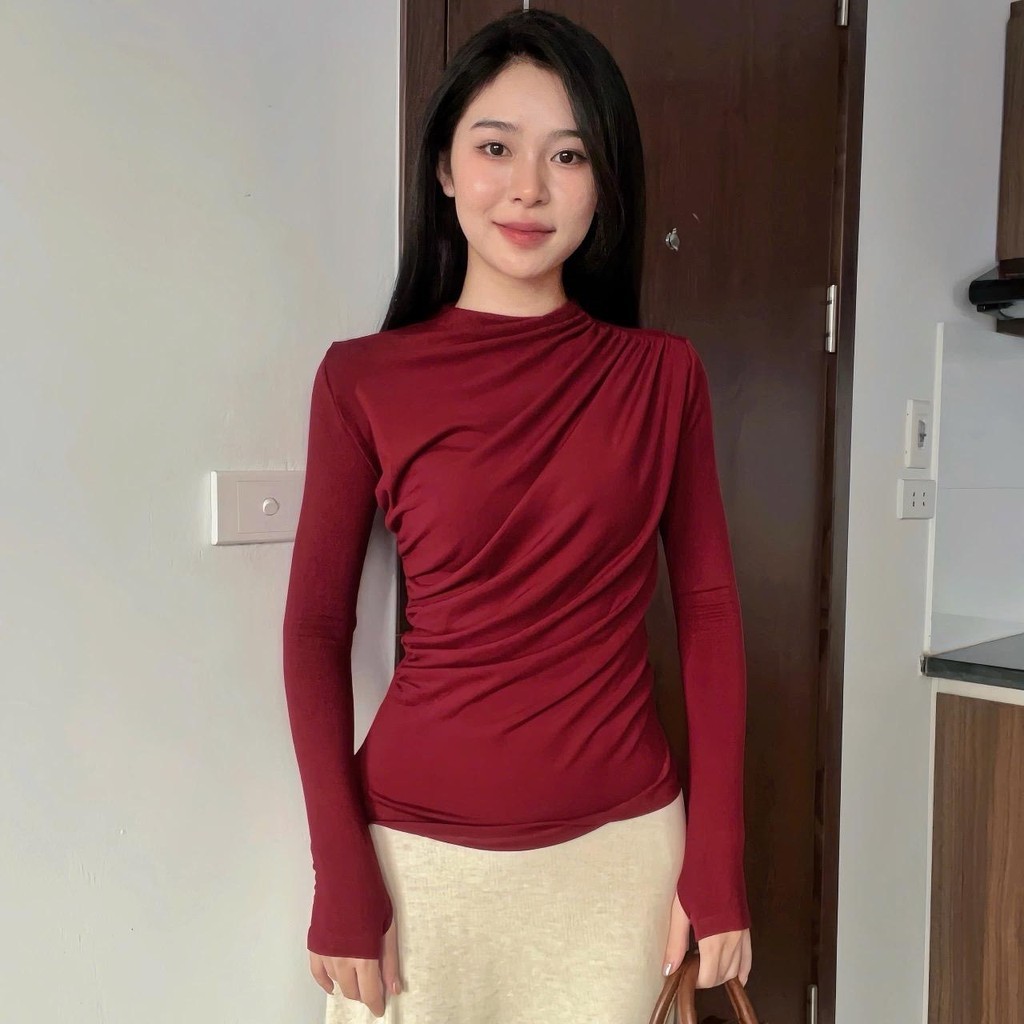Áo Thun Nữ Tay Dài Cổ Tròn, Kiểu Rúm Eo Tôn Dáng, Chất Liệu Cotton Zip Cao Cấp, Co Giãn 4 Chiều, Mềm Mịn