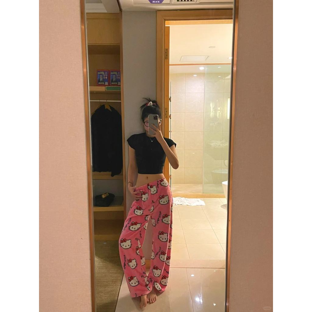 Quần ngủ Flannel HelloKitty thẳng Nữ phiên bản Hàn Quốc của phim hoạt hình Quần có đệm thoải mái tại nhà [BL]