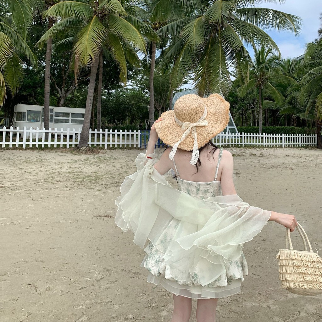 [YU]Set váy hai dây công chúa phối áo khoác mỏng, phong cách yêu tinh rừng, dịu dàng bay bổng.