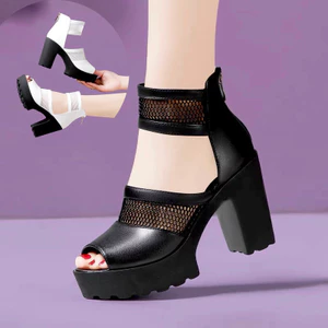 Giày Sandal Cao Gót Đế Đúc Nhẹ 2 Quai Da Mềm Phối Lưới Phong Cách Hiện Đại Cá Tính -MS CG502