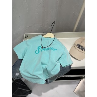 Mùa Hè Trẻ Em Cotton Nguyên Chất Áo Thun Ngắn Tay Bé Trai Đẹp Trai Bạc Hà Xanh Phiên Bản Hàn Quốc Chữ Đơn Giản Cổ Tròn Top