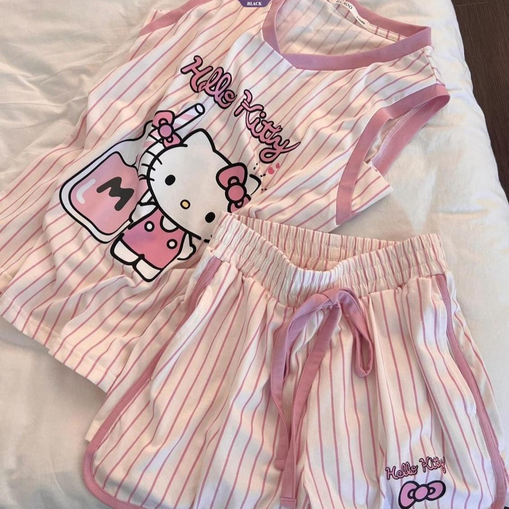 Bộ Đồ Ngủ Hellokitty Dễ Thương Không Tay Nữ Mùa Hè 2025 Quần Short Sọc Thường Ngày Mới Homewear [BL]
