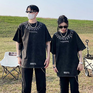 LOCAL BRAND Áo thun Wash Chữ Cổ CITY Phong Cách Unisex Form Rộng / Áo thun Phông Màu Phong Cách Âu Mỹ