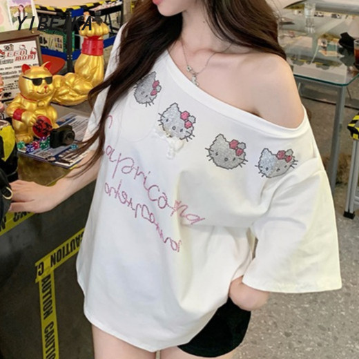 YIBEIKA White kitty Hot Diamond Slanted Vai ngắn tay lệch vai Loo