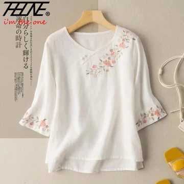 Thhone Plus Size Xuân Hè Thời Trang 2025 Thêu Không Đều Áo Sơ Mi Nữ Áo Sơ Mi Áo 3 / 4 Tay Rời Vintage Phong Cách Hàn Quốc Quần Áo Nữ Quần Áo Áo Áo Áo Áo