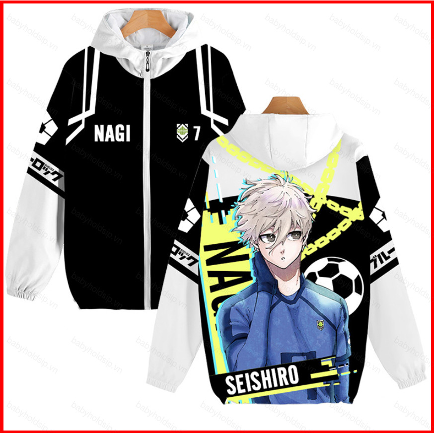 Jersey Xanh Khóa Áo Dài Tay Unisex Top Dây Kéo Cosplay 3D Áo Reo Nagi Seishirou Thời Trang Áo Khoác Ngoài Plus
