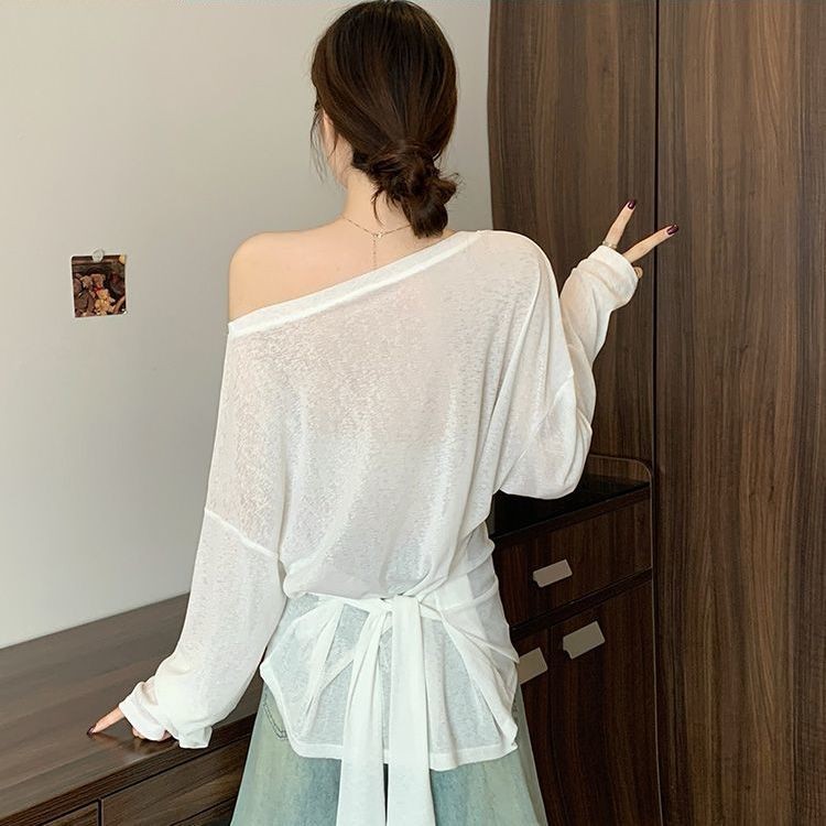 Milyfashion Loose Size Lớn Dài Tay Chống Nắng T Mỏng Mùa Hè Cổ Tròn Dây Buộc Nẹp @