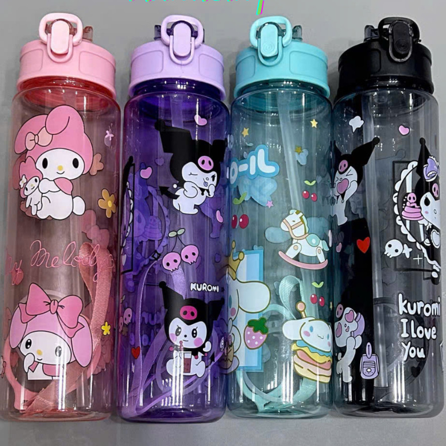 Bình Nước Kuromi  800ml - Ống Hút BPA-Free - Trong Suốt Kawaii - Phù Hợp Cho Bé, Đi Học, Du Lịch