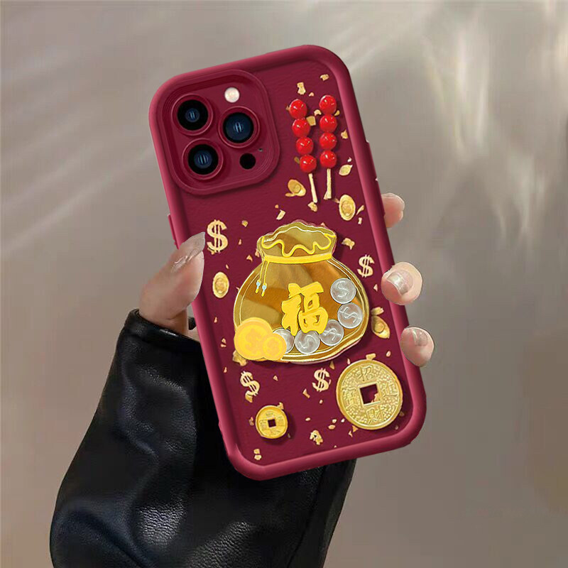 Năm Mới Màu Đỏ 3D Túi May Mắn Vàng Đồng Xu Điện Thoại Dành Cho Samsung Galaxy A22 A33 A53 A25 5G S20 S21 S22 S23 Plus S20FE S21FE Note 20 Ultra Vỏ Silicon Mềm Matte Cover