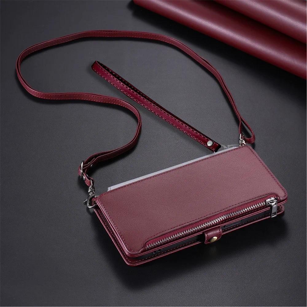 Ốp Lưng Ví Dây Kéo Đeo Ngang Cho IPhone 16 Pro Max 15 14 Plus 11 13 12 Mini XS XR 7 8 SE 2020 2022 Đựng Thẻ Bao Da PU