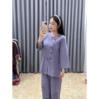 Set Cổ Trụ Tròn Thêu Tâm, Pháp Phục Nữ Đi Chùa