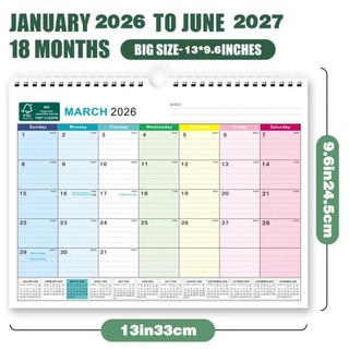 Lịch tiếng Anh ALMA1, Giấy dày tháng 1. 2026 - Tháng Sáu. Lịch treo tường 2027, 2026 Ngày lễ học tập hàng ngày được đánh dấu bằng móc treo lịch tại nhà