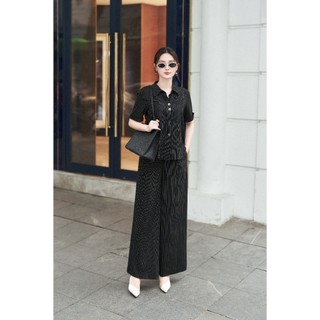 Set sơ mi tay cộc kẻ sọc phối quần ống rộng SET096