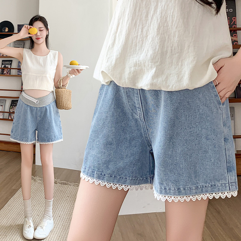 Quần bà bầu mùa hè ren Denim quần ống rộng