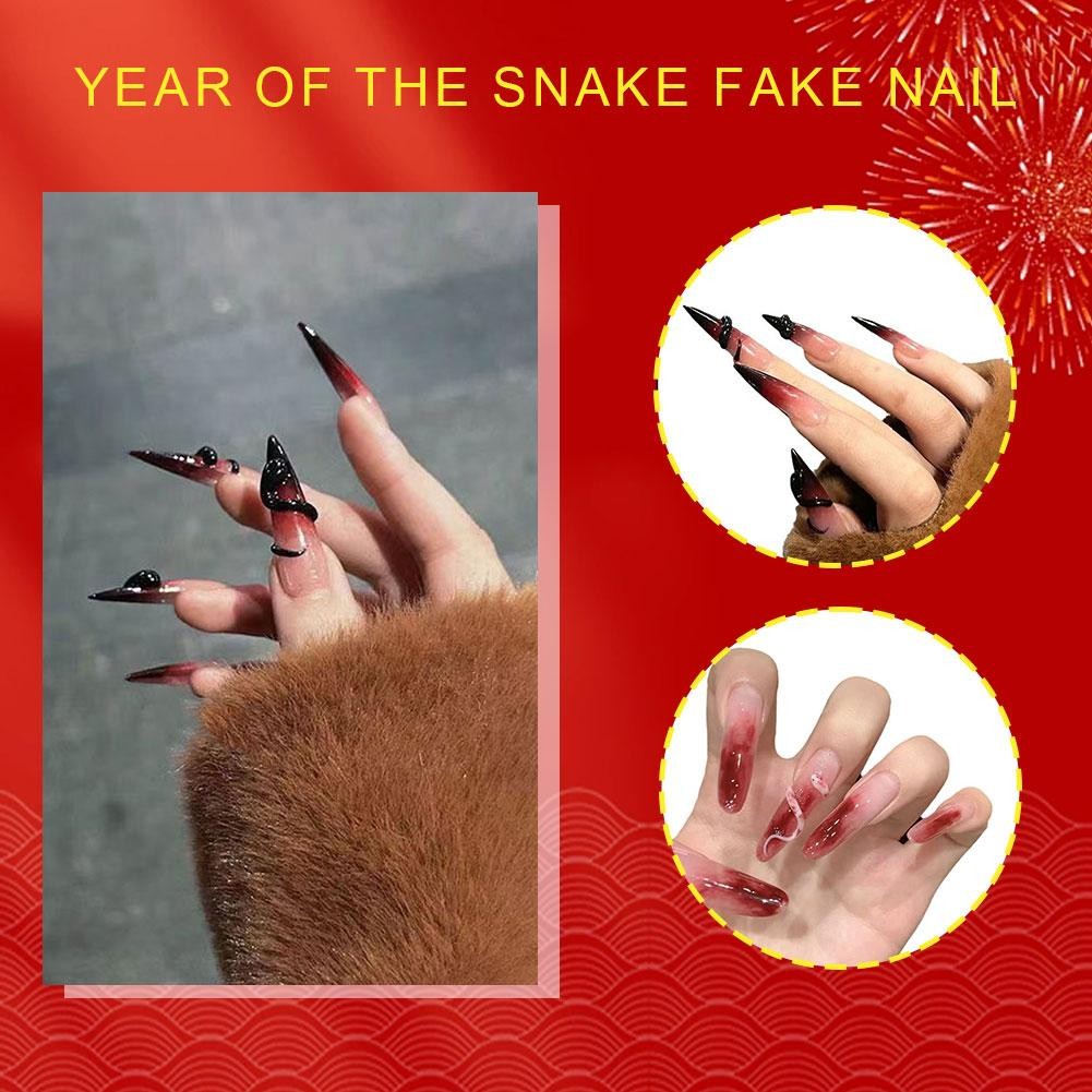 2025 Năm Con Rắn Handmade Đầu Dài Mặc Gia Vị Bé Gái Sinh Viên Chuyển Màu Đỏ Móng Tay Nghệ Thuật W5b1