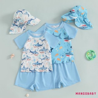 Bộ đồ bơi MG-Toddler Boys Rash Guard Áo cổ tròn tay ngắn in hình cá mập có quần Short và mũ bơi Bộ 3 chiếc