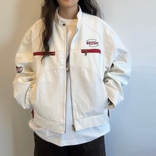 Gksss Áo khoác da nam cao cấp Mỹ dáng rộng giản dị trung tính hợp thời trang Áo khoác xe máy da PU