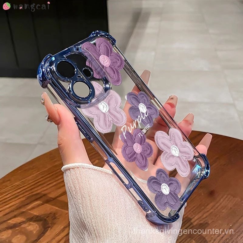 Ốp điện thoại tương thích với iPhone 16 15 14 Plus 13 Pro Max Ốp mềm chống sốc chống sốc họa tiết hoa sơn dầu màu tím phong cách Hàn Quốc Ốp lưng