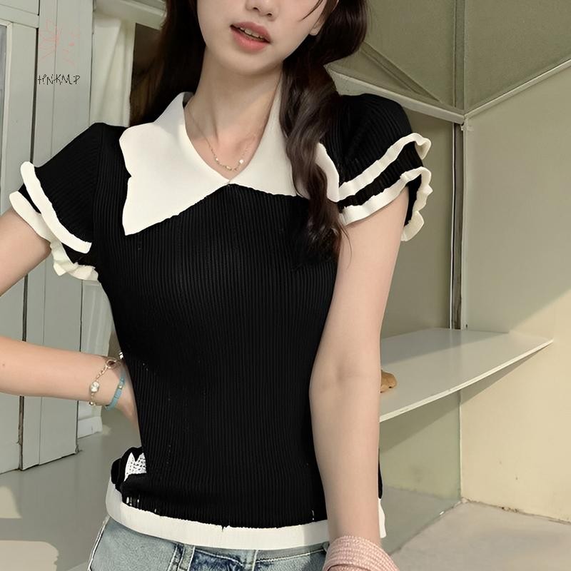 HNKMP áo thun nữ mùa hè cổ rỗng, tay ngắn, màu sắc tương phản