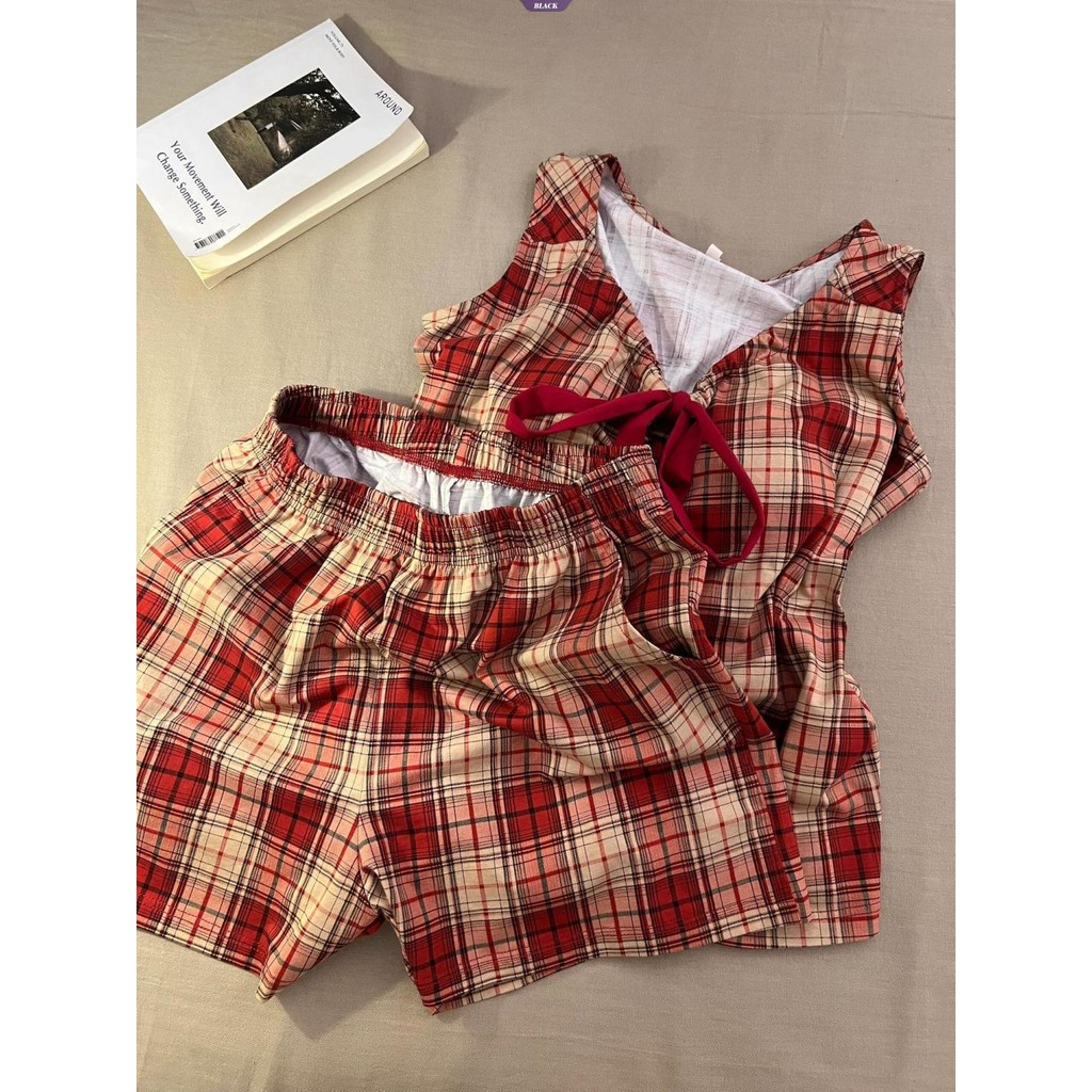 Nhật Bản Ins Bộ Đồ Ngủ Kẻ Sọc Đỏ Nữ Mùa Hè Bật Lên Mỏng Suspender Quần Short Hai Mảnh Homewear [BL]