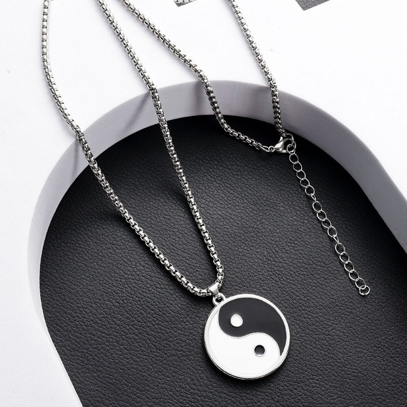 Điếc dây chuyền gothic unisex hiện đại, phong cách Trung Hoa vintage đen trắng, mặt đá hợp kim dáng thái cực