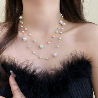 Vòng cổ ngọc trai dài Lớp kép dây chuyền bạc nữ thời trang xương đòn kiểu Pháp