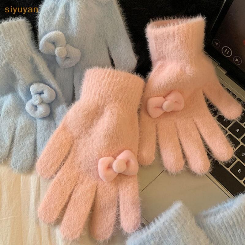 Siyuyan 1 Cặp Mùa Đông Sang Trọng Ấm Áp Găng Tay Dày Cho Nữ Bé Gái Dễ Thương Màu Trơn Găng Tay Nơ Ngọt Ngào Găng Tay Đi Xe Đạp Học Sinh Quà Tặng VN