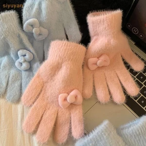 Siyuyan 1 Cặp Mùa Đông Sang Trọng Ấm Áp Găng Tay Dày Cho Nữ Bé Gái Dễ Thương Màu Trơn Găng Tay Nơ Ngọt Ngào Găng Tay Đi Xe Đạp Học Sinh Quà Tặng VN