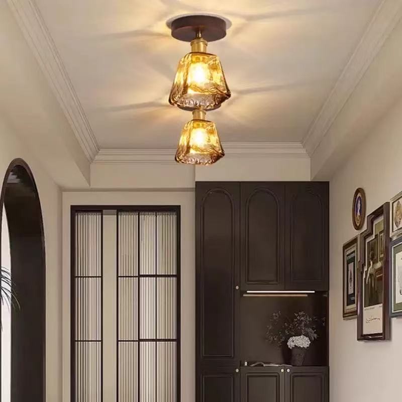 Đèn trần kính màu hổ phách cổ điển, Đèn chùm tròn Led, Thích hợp cho ban công, phòng khách, Đèn trang trí lối đi