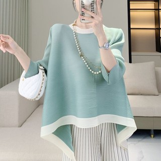 Miyake Áo Sơ Mi Xếp Ly Mùa Hè Cho Nữ, Phong Cách Mới, Size Lớn Cổ Tròn, Thun Tay Ngắn Rời