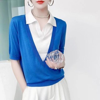 Áo thun ice silk tay ngắn màu sắc tương phản, thiết kế giả hai mảnh khâu rời, phù hợp mọi cuộc gặp gỡ
