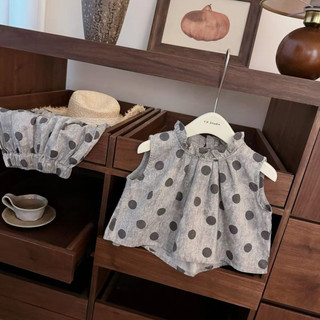 Mùa Hè Phong Cách Mới Nguyên Chất Cotton Cô Gái Chấm Bi Áo Phù Hợp Với Bé Gái Thời Trang Không Tay Quần Hai Mảnh Phù Hợp Với
